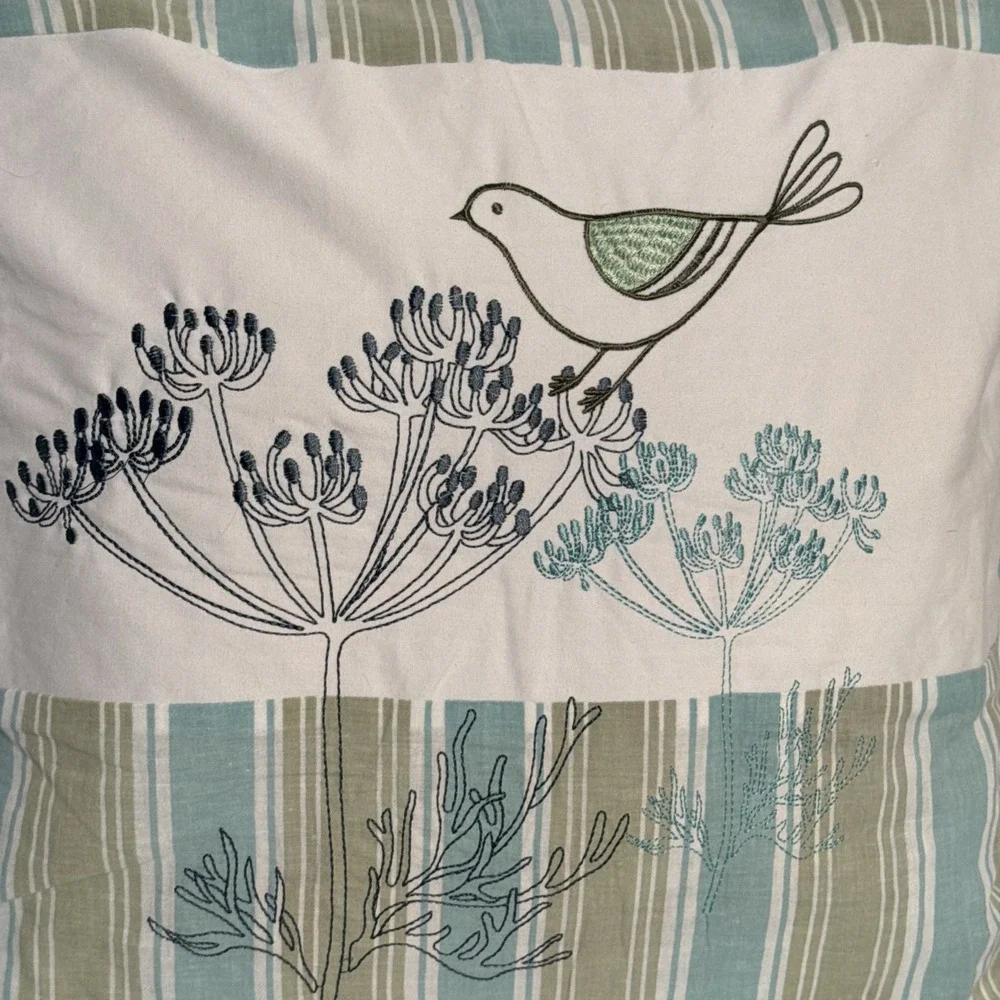 Embroidered  Bird On a Plant Throw Pillow Blue & Green With Tie Closure